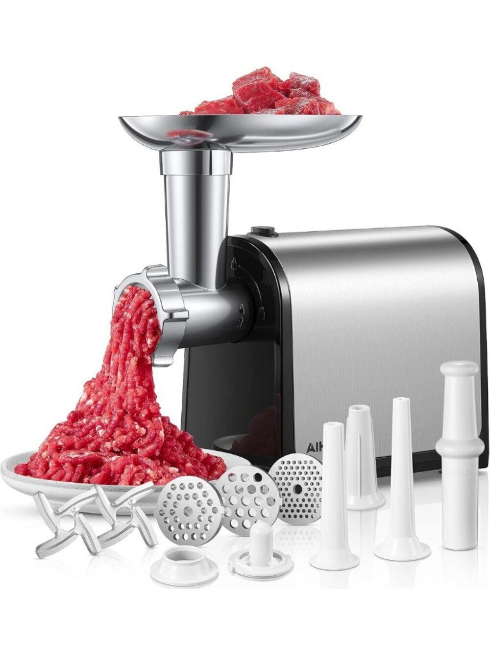 Electric Meat Grinder, Sausage Stuffer with 3 Sausage Tubes, 2 Blades, 3 Plates